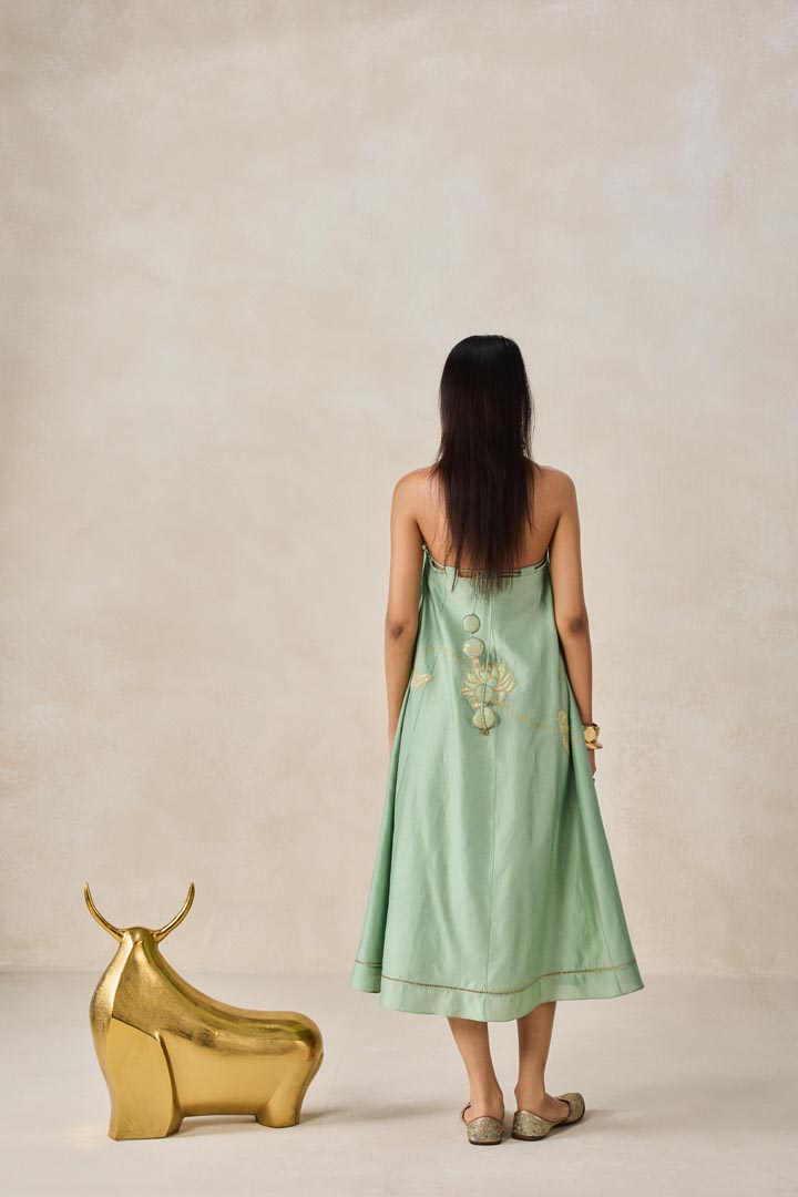 Elegant Sage Green Midi Dress in Flowy Chanderi Fabric
