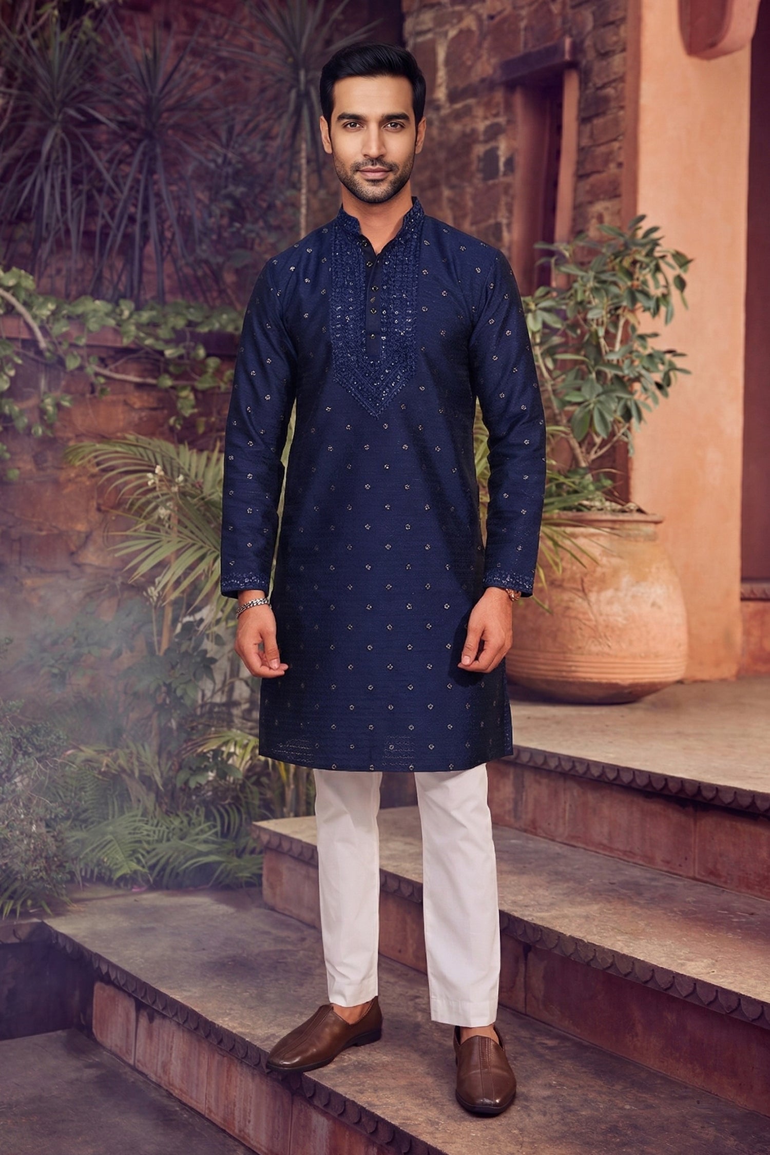 Men's Jacquard Silk Cream Designer Embroidery Work Kurta with payjama