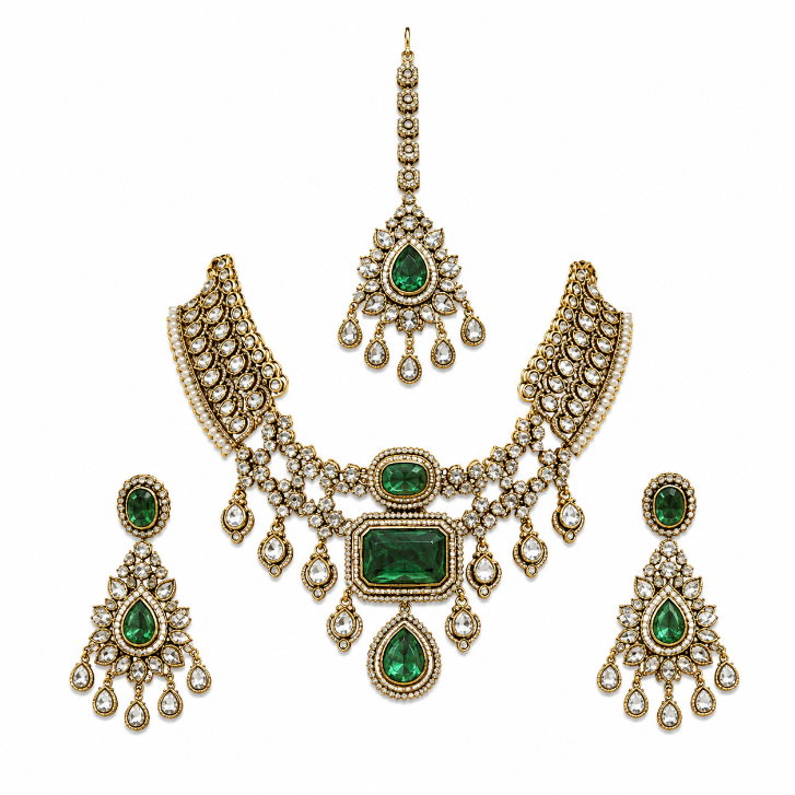 Emerald Green Bridal Polki Necklace Set with Maang Tikka & Statement Earring