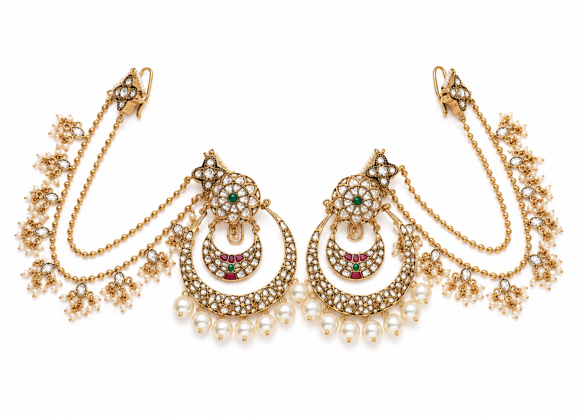 Kundan Pearl Chandbali Earrings with Ear Chains