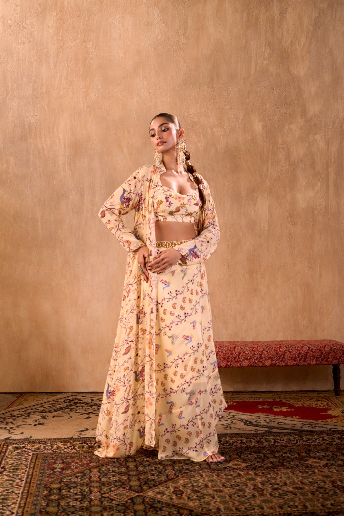 IVORY PRINT EMBROIDERED CHOLI, DRAPED SKIRT AND JACKET SET - image 3