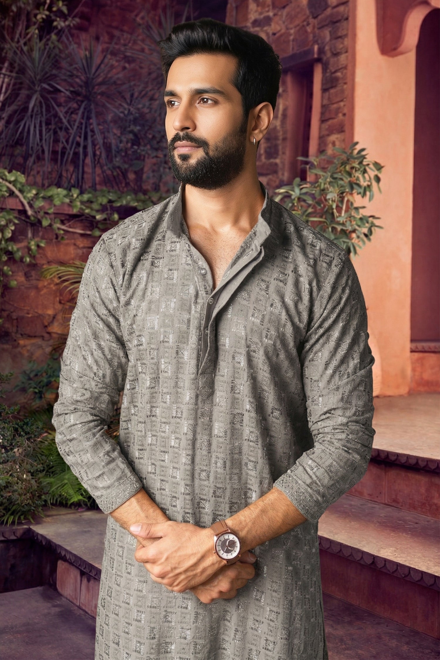 Men's Viscose Rayon Cream Designer Embroidery Work Kurta with payjama