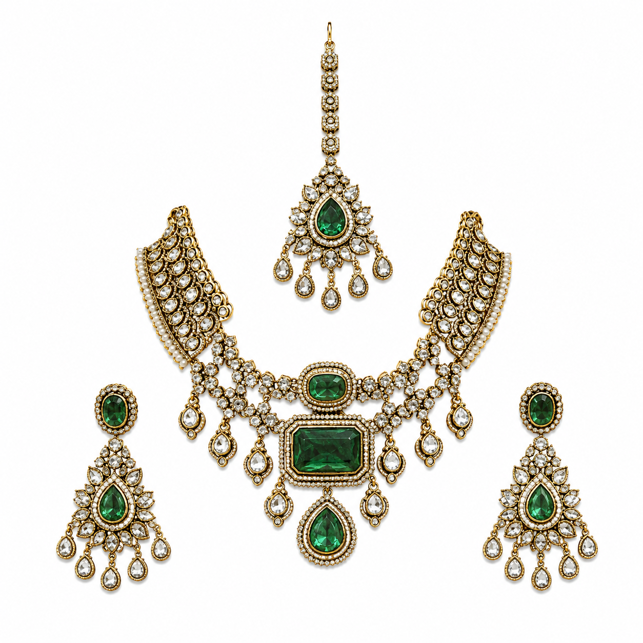 Emerald Green Bridal Polki Necklace Set with Maang Tikka & Statement Earring