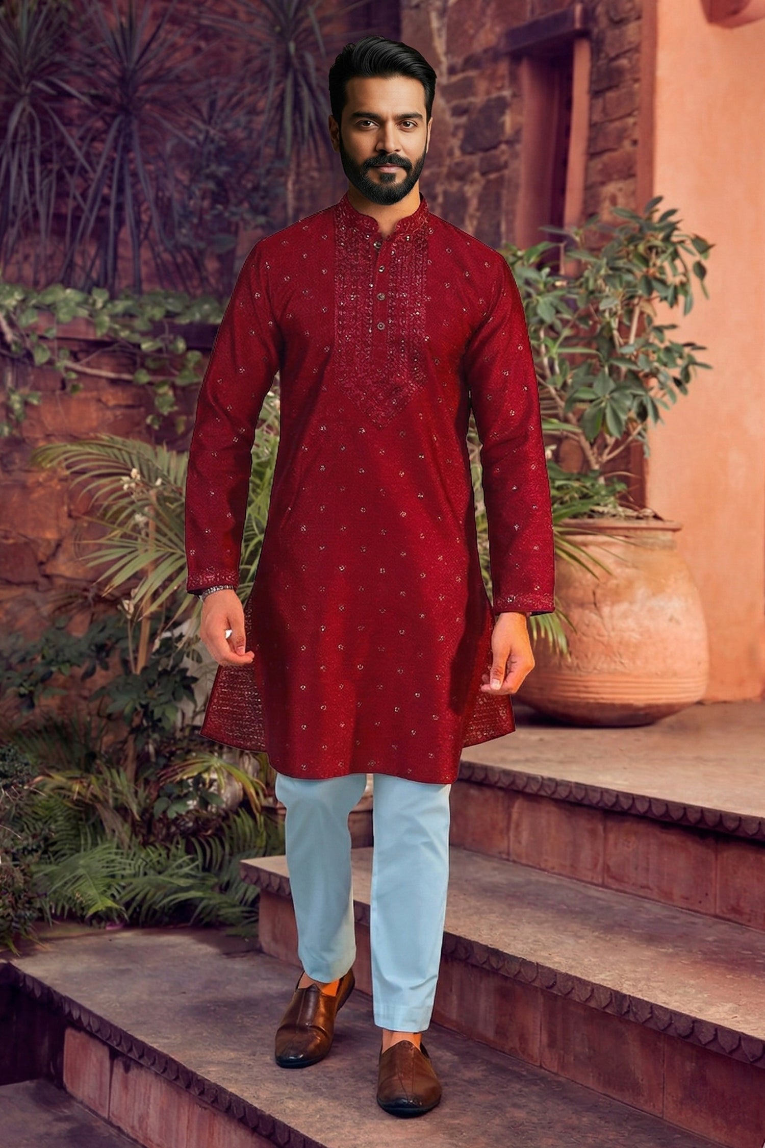 Men's Jacquard Silk Cream Designer Embroidery Work Kurta with payjama