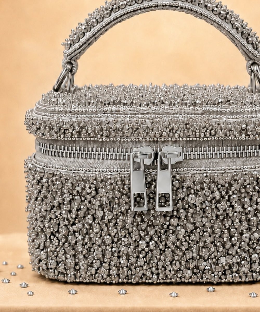 Ziya Silver Suede Embroidered Vanity Bag