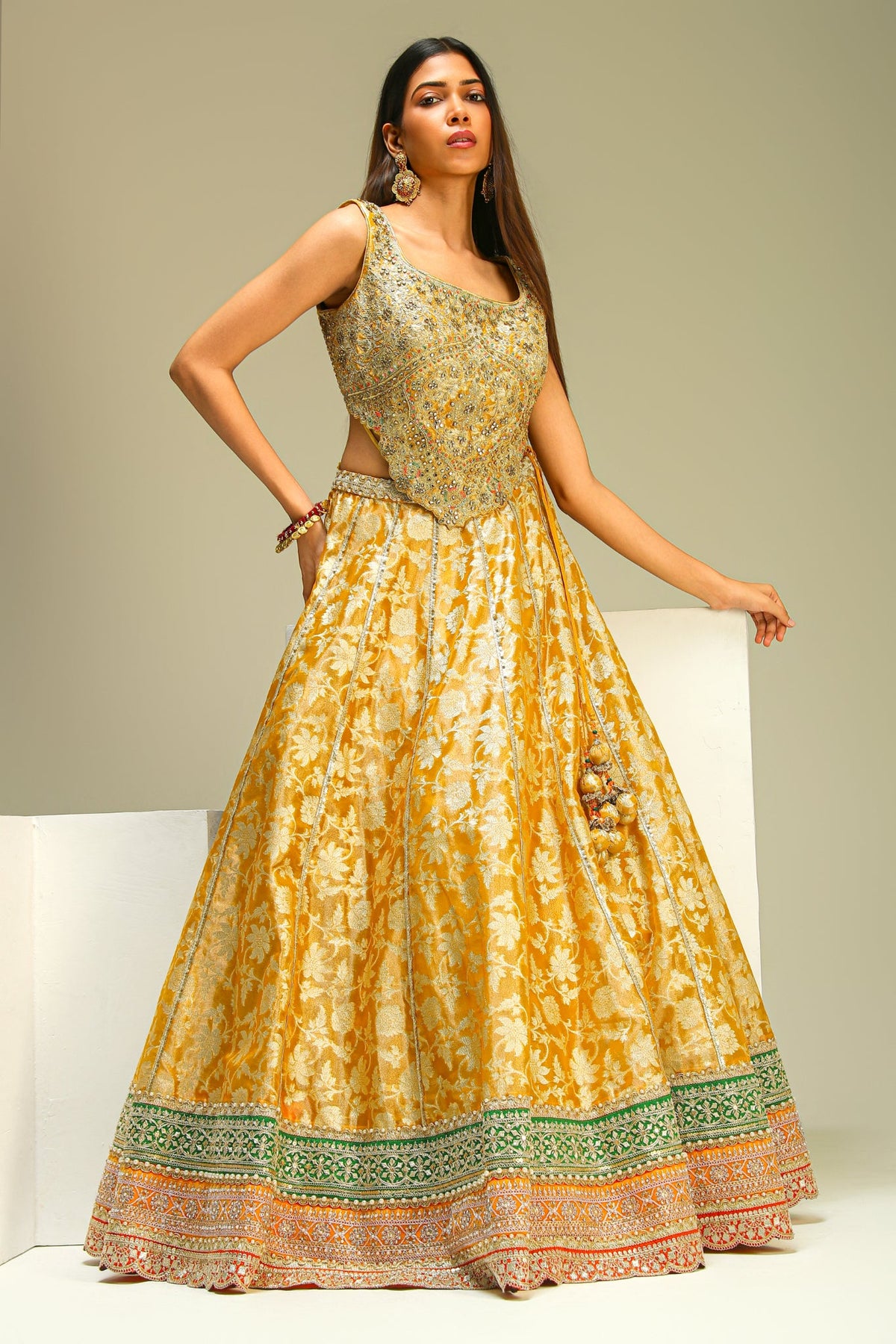 Mustard & Green Pure Banarasi Lehenga Set with Dupatta & Potli