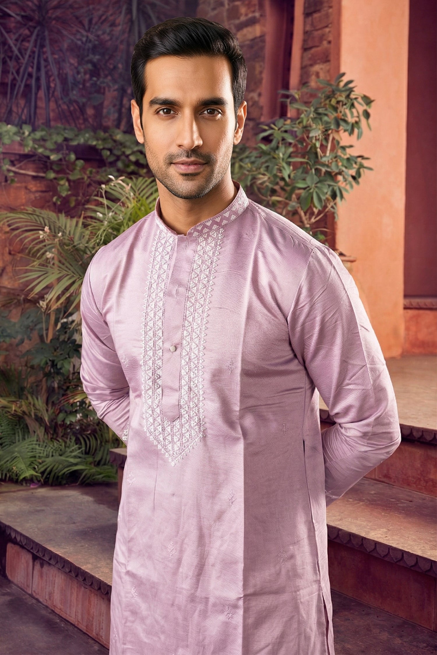 Men's Silk Cream Designer Printed Kurta with payjama