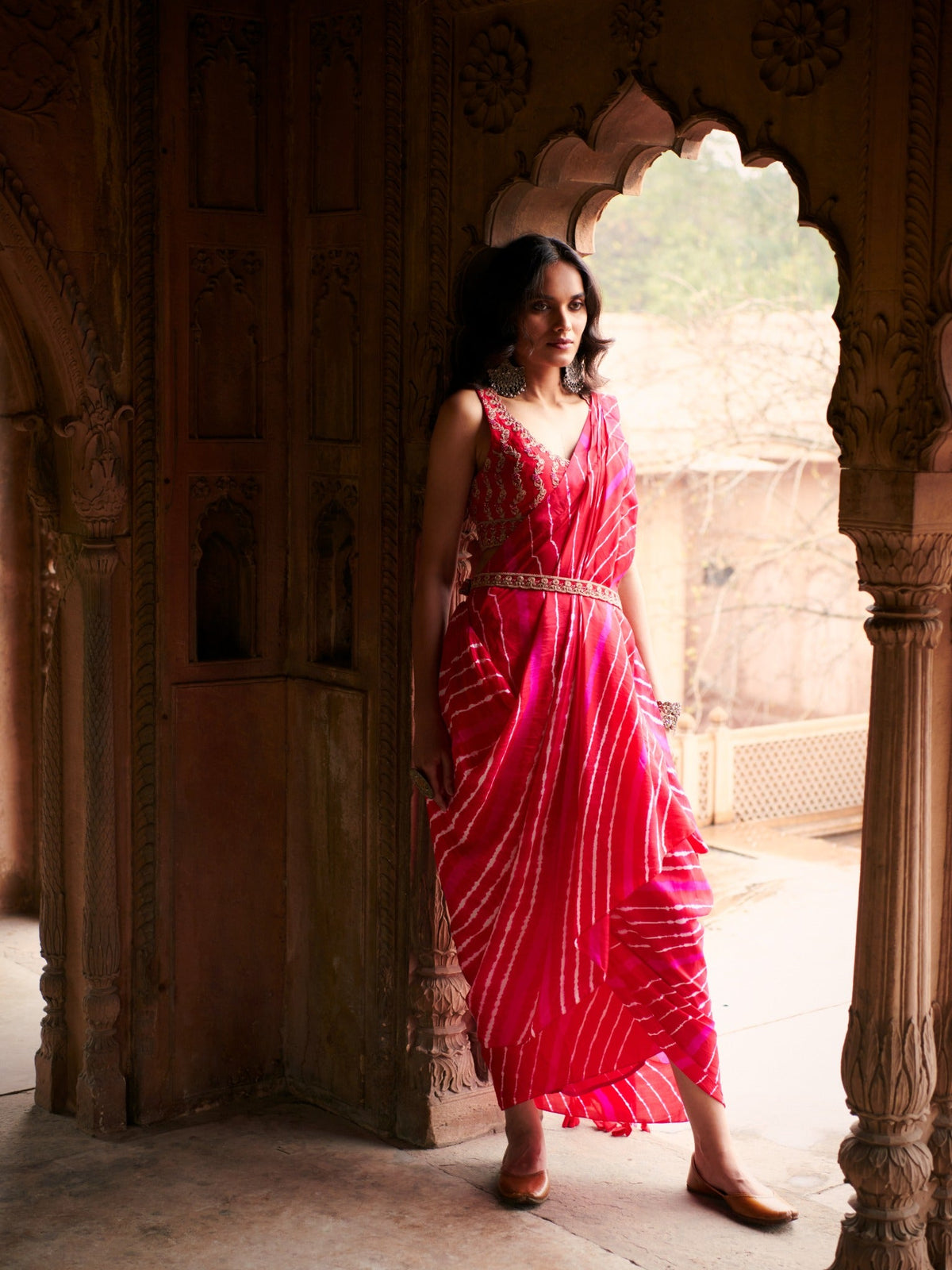 sarang leheriya drape saree with a belt