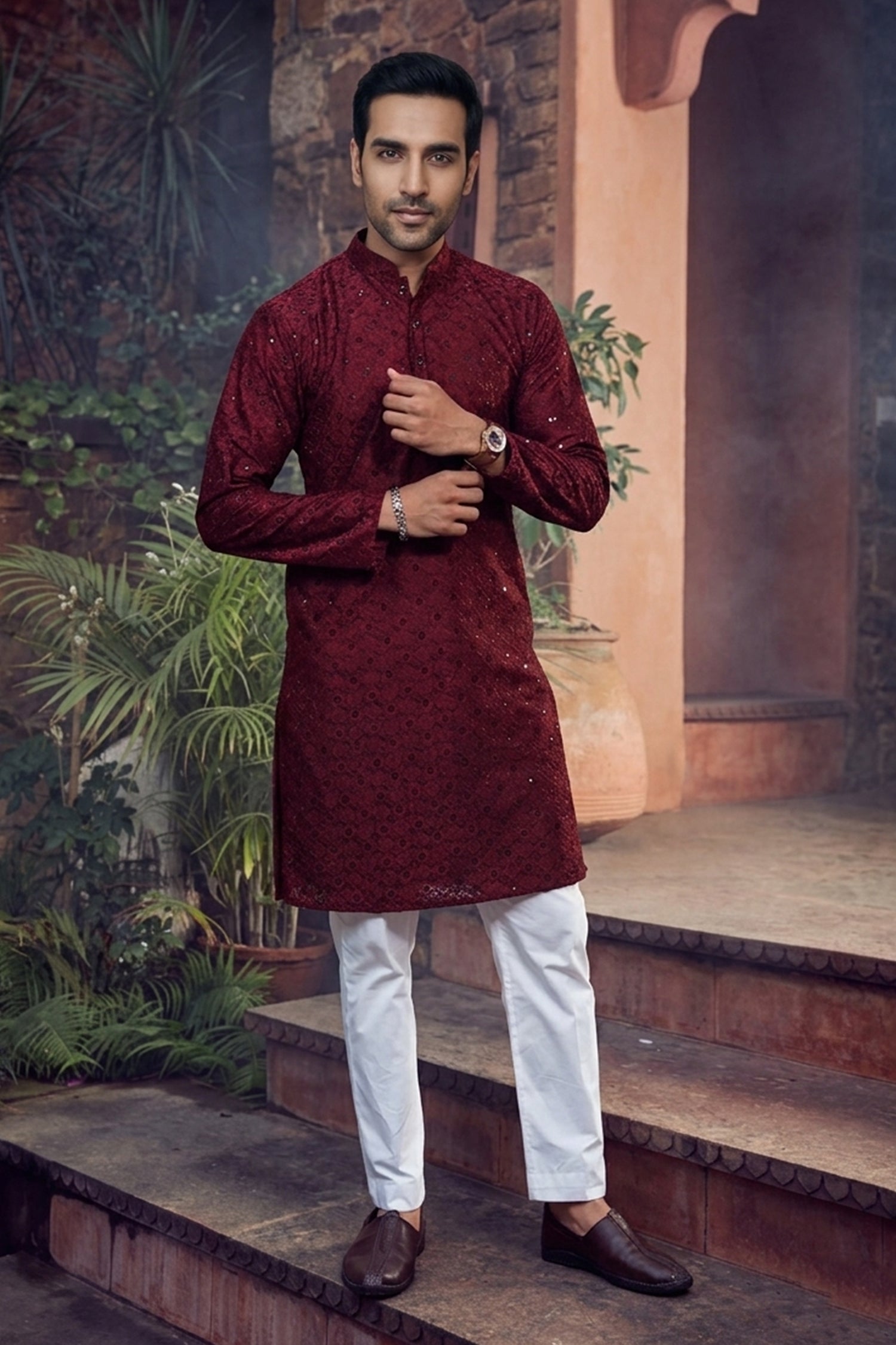 Men's Cotton Cream Designer Embroidery Work Kurta with payjama