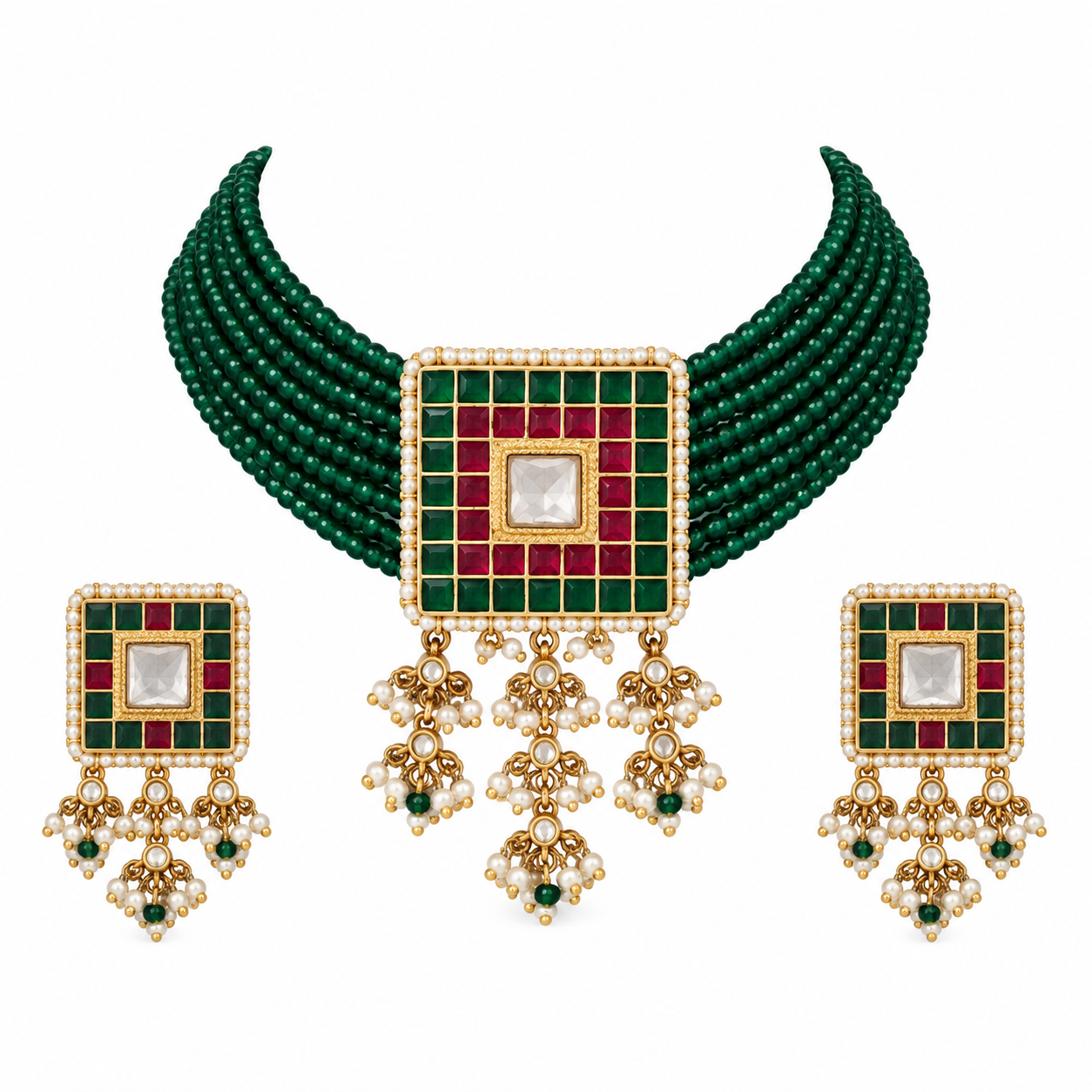 Green Beaded Square Choker Necklace Set