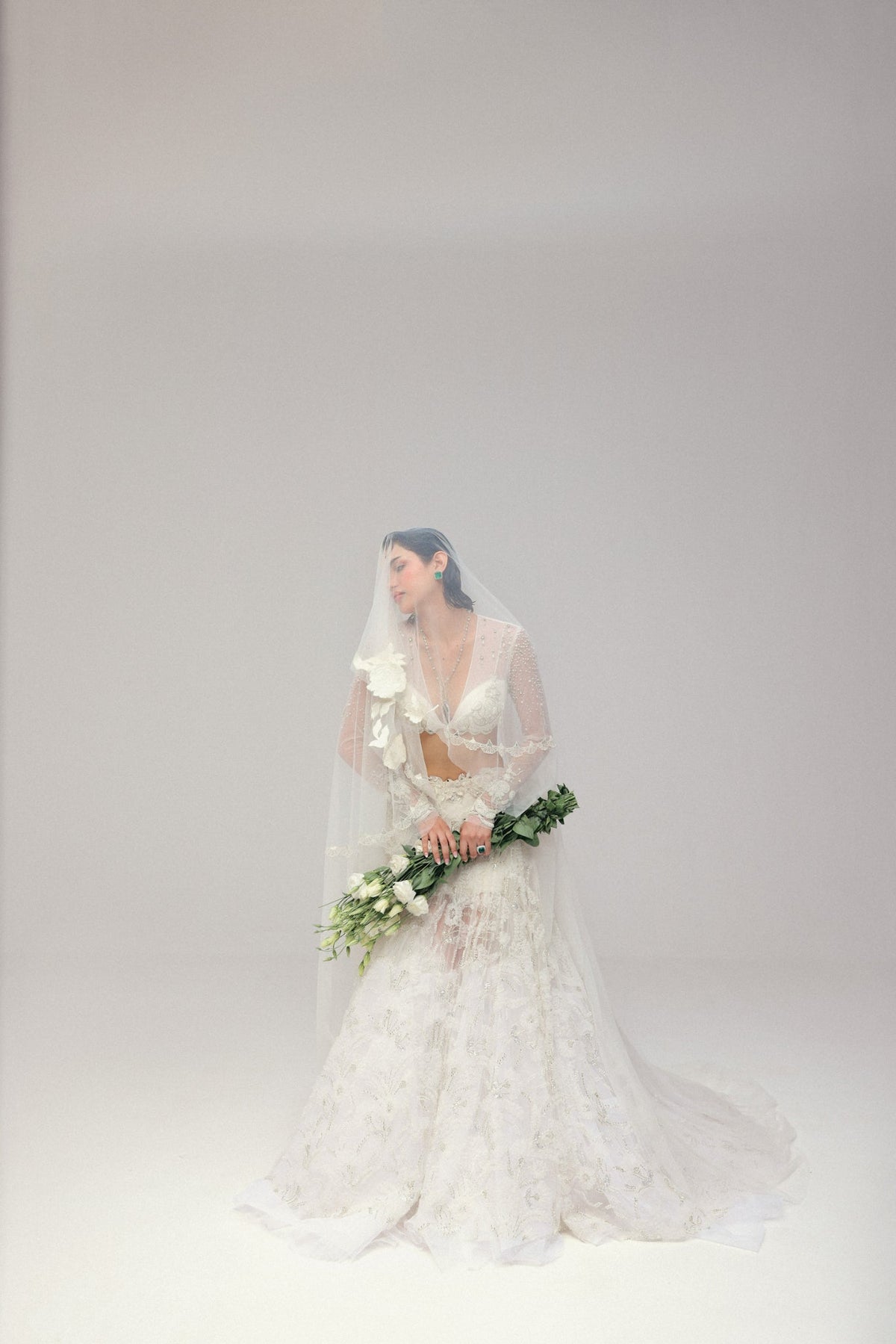 Pearl & Zardosi Embroidery, Tulle & French Lace with Silk, Skirt Set, Full Sleeve Blouse Silhouette