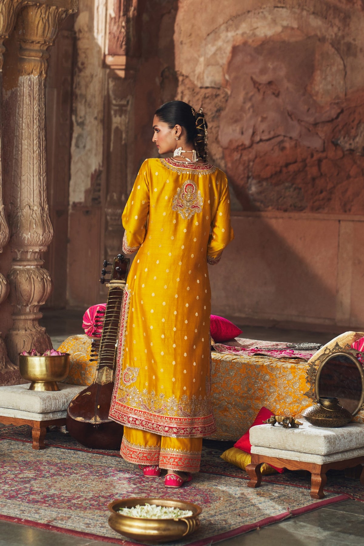 Mustard Long Kurta Set with Palazzo & Silk Organza Dupatta