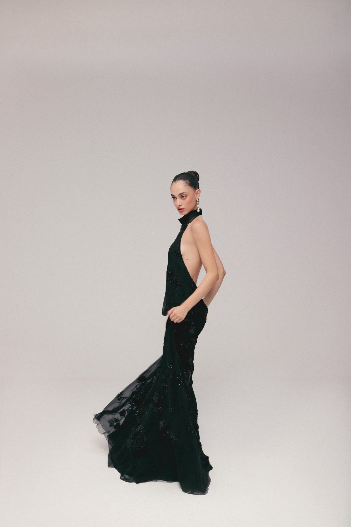 Black, Persian Embroidery, Silk Georgette & Tulle, Full-Length Dress, Sheath Silhouette