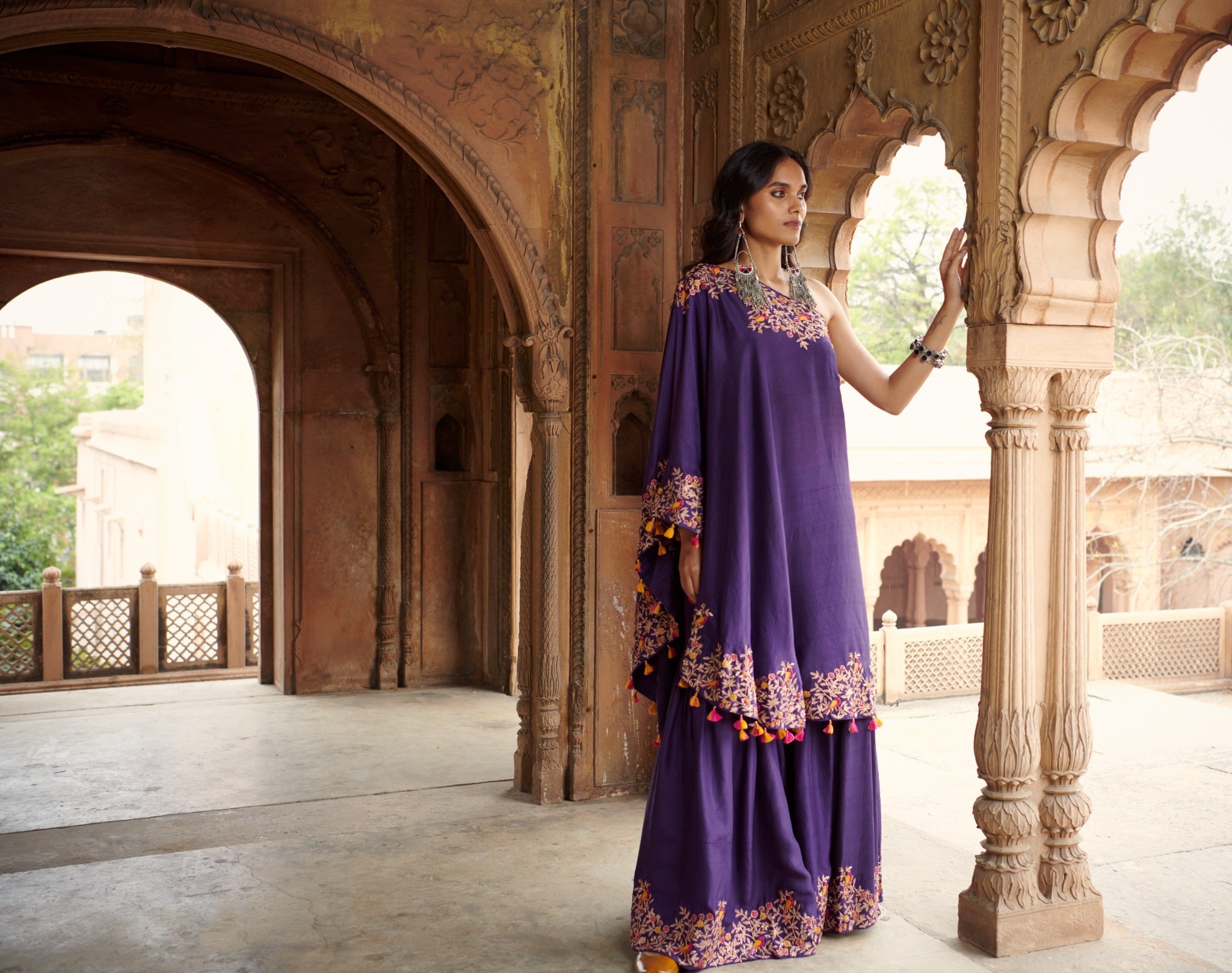 Embroidered one shoulder tunic with a sharara