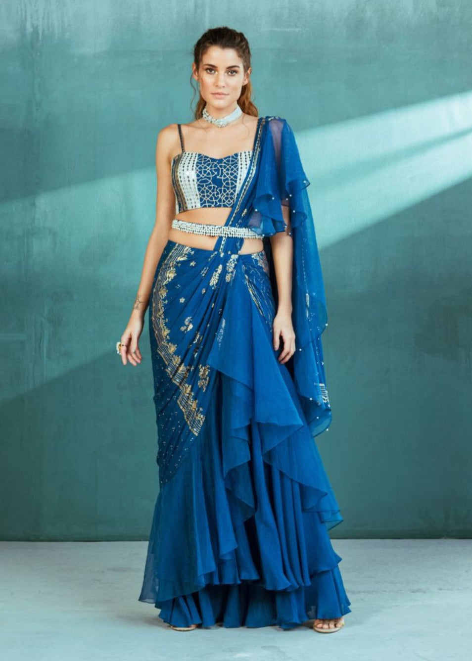 Blue Chiffon Draped Saree Set