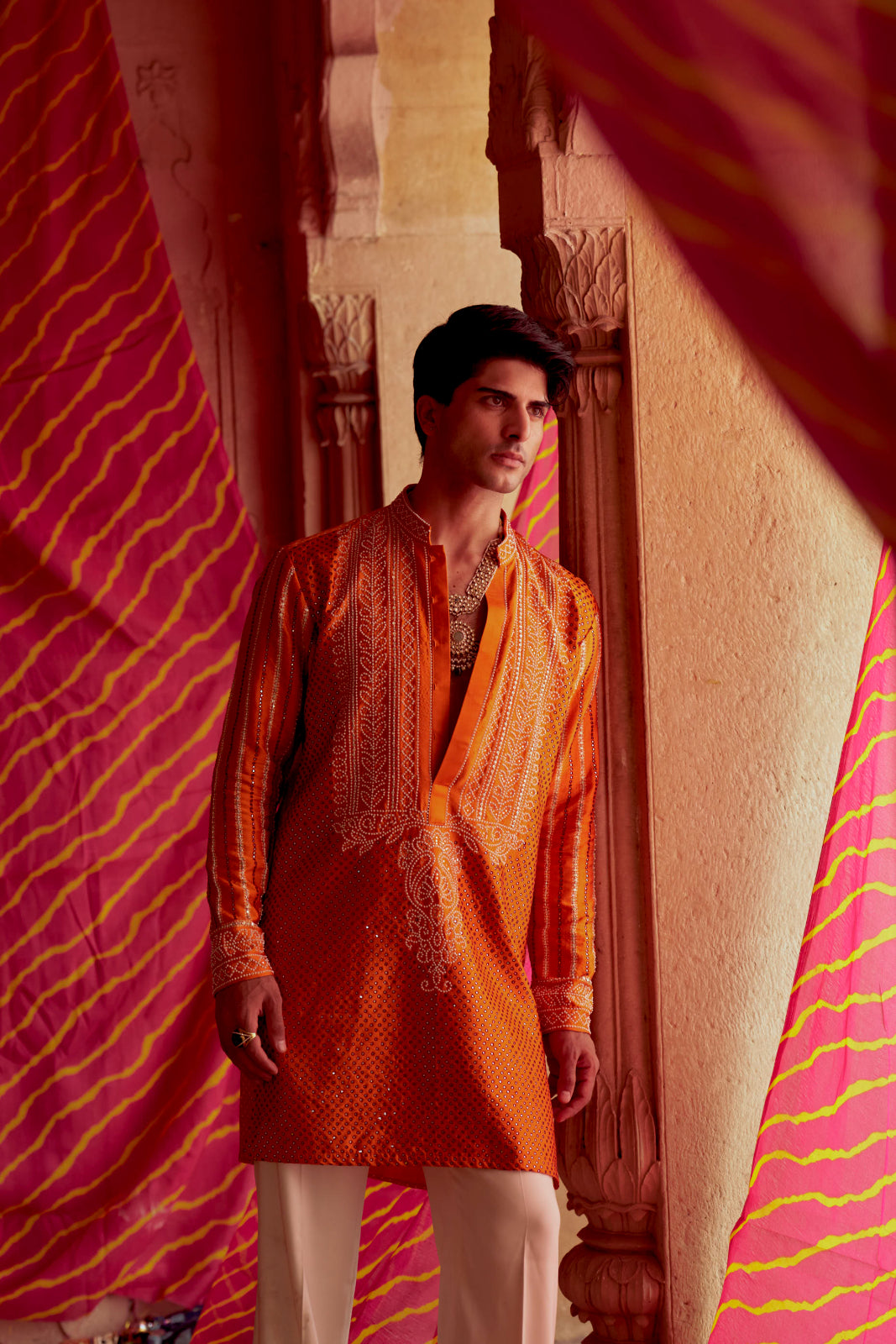 Rediant orange printed bandhej kurta set