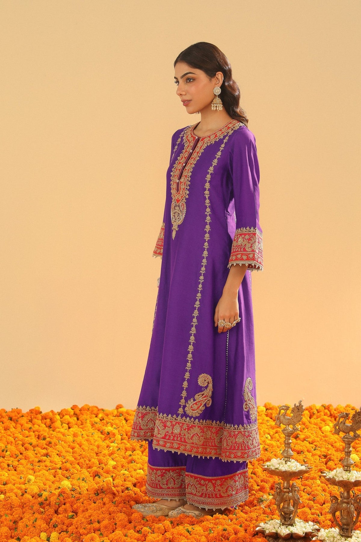 Maisha - Deep Purple Long A-line Kurta with Palazzo and Dupatta