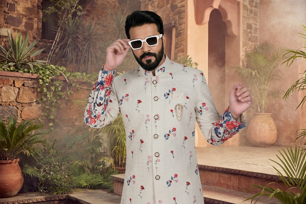 Men's SILK OFF WHITE(MULTI COLOURS EMBROIDARY)  SEMI-INDO-WESTERN