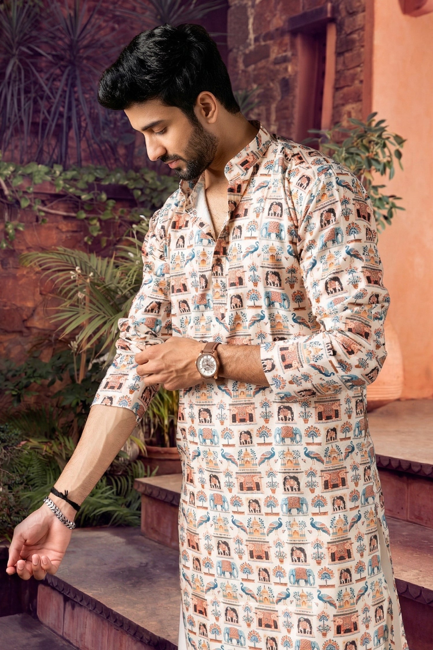 Men's Blended Cotton Cream Designer Printed Kurta with payjama