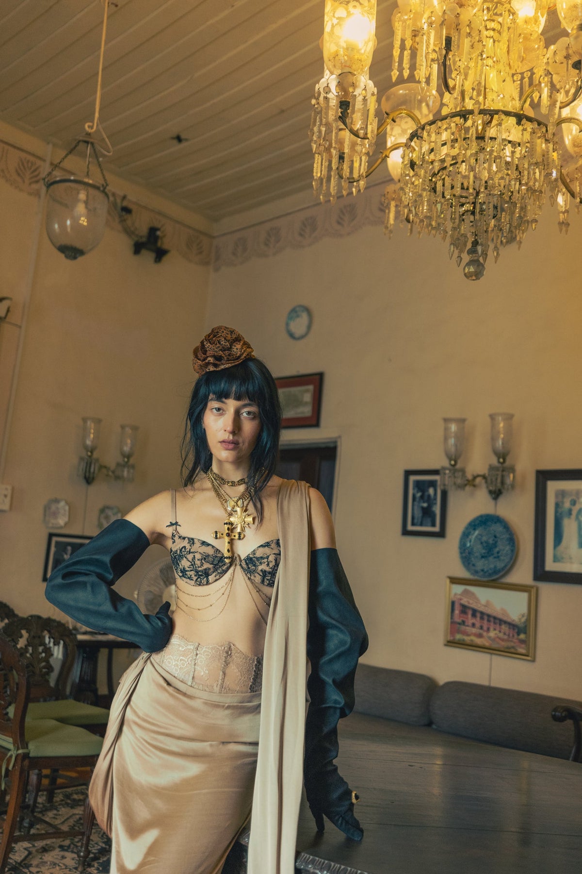 Black & Gold Taupe, Bead Embroidery, Tulle & Silk, Pre-Stitched Sari Set, Bralette Silhouette