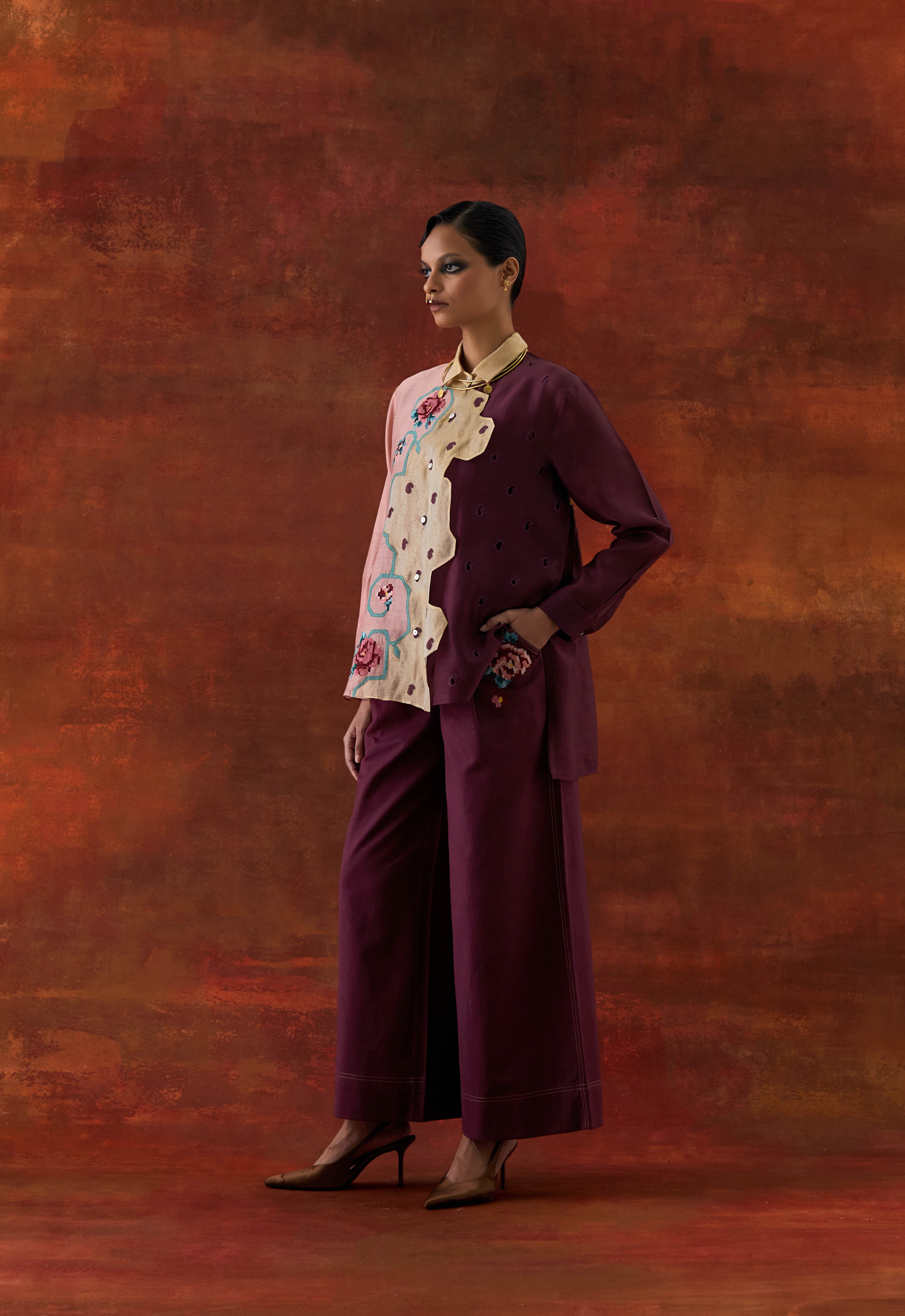 EMB TRI COLOR SHIRT WITH FLARED PANTS - image 3