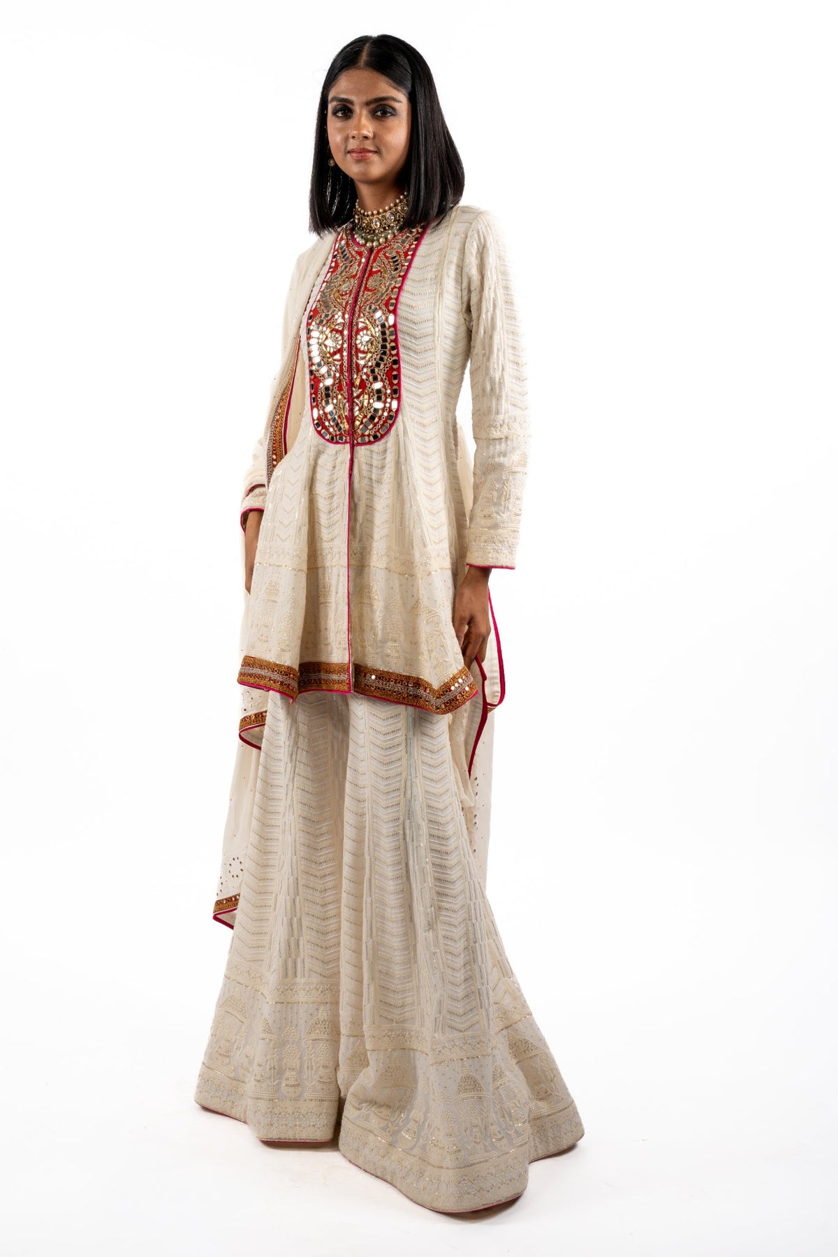 Ivory Mirrorwork Kurta Set with Flared Sharara