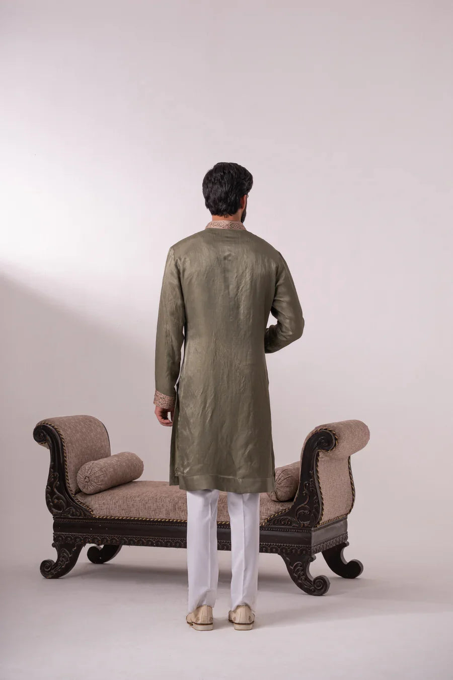 Olive Tissue Satin Silk Kurta with Ari Embroidery