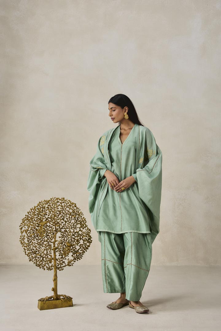 Sage Green Chanderi Jacket Style Kurta Set with Applique Work