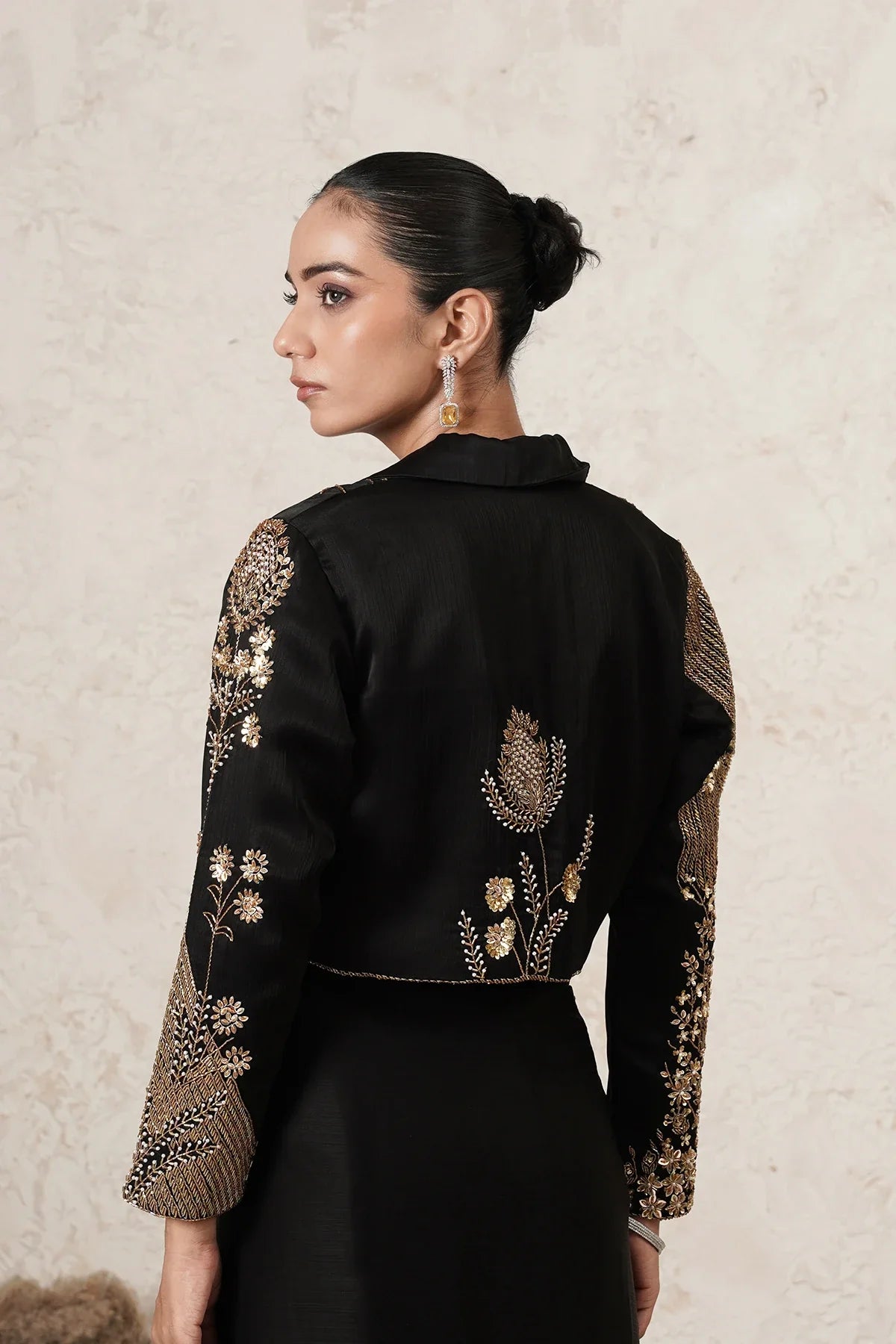 Raat Dhoti Saree Set with Hand-Embroidered Cropped Jacket | Black & Antique Gold | Women | THETAA