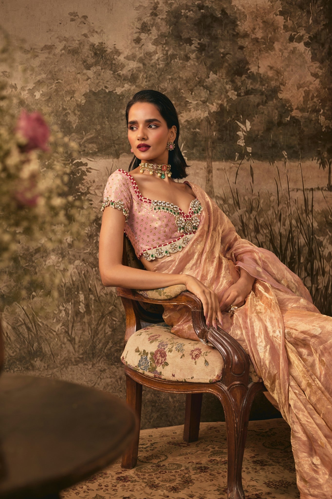 BLUSH PINK TISSUE SILK PRE-DRAPED SAREE