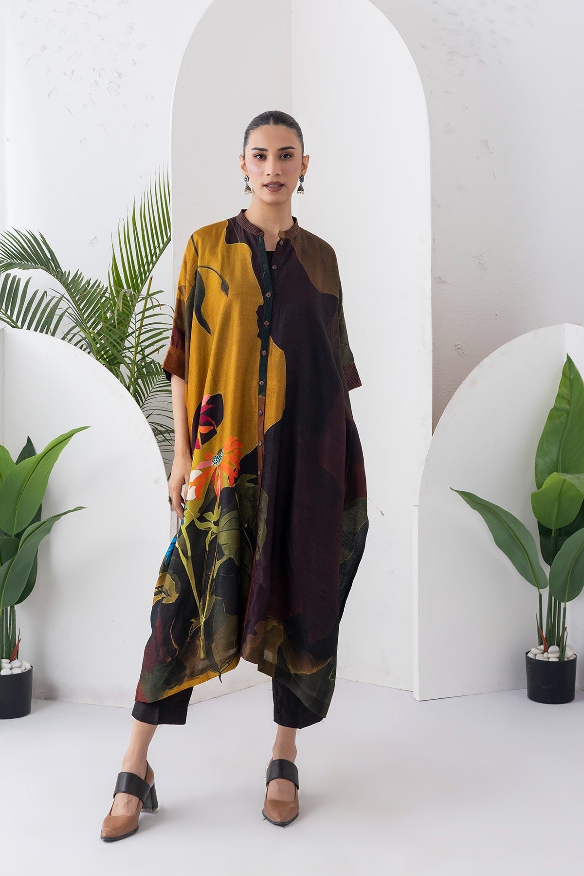 Mustard & Brown Viscose Dupion Printed Kaftan Style Dress Set (3 PCS)