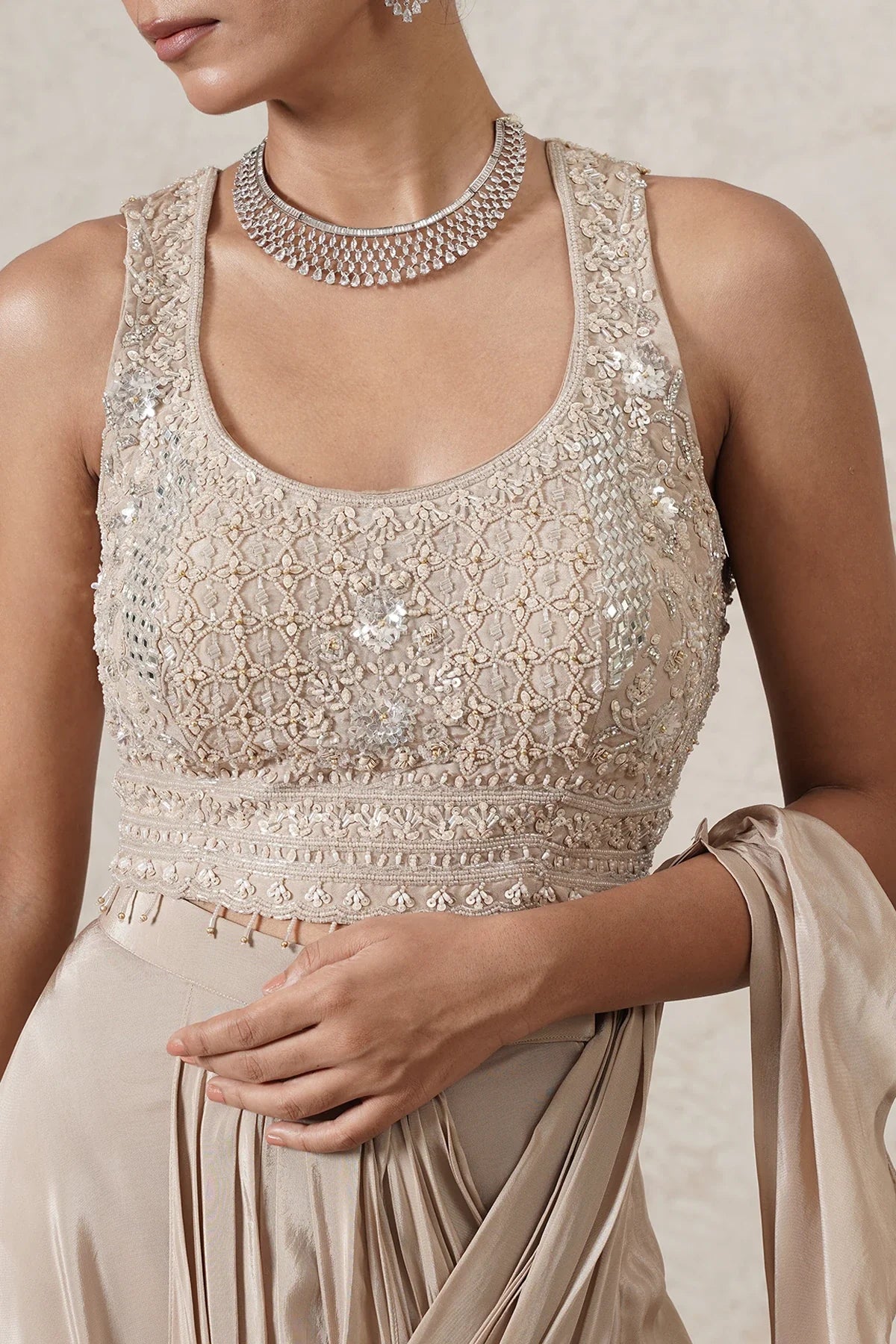 Lehar Ruffle Pre-Draped Saree with Sequin Blouse | Beige  | Women | THETAA