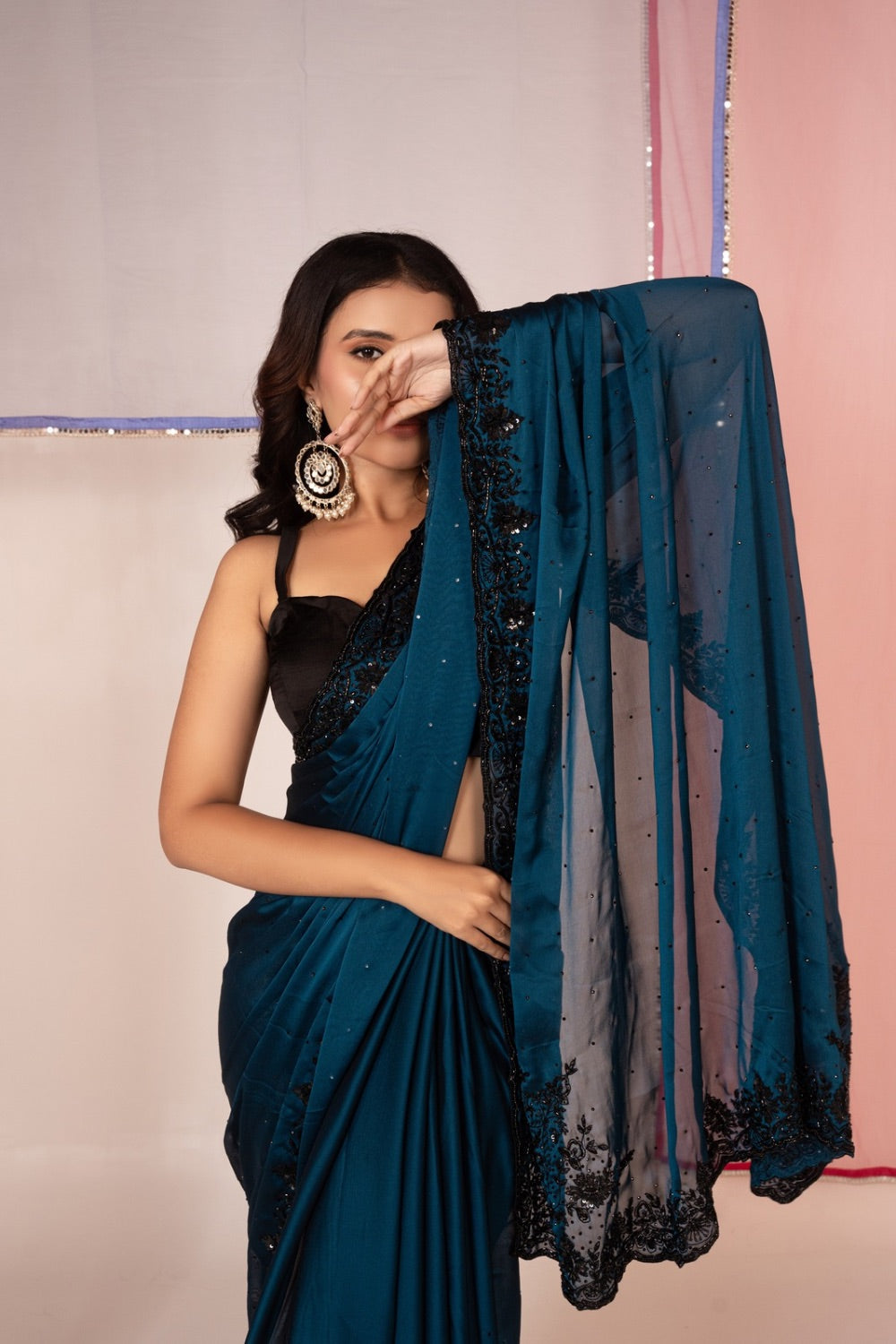 Peacock blue satin silk saree and unstitched blouse piece