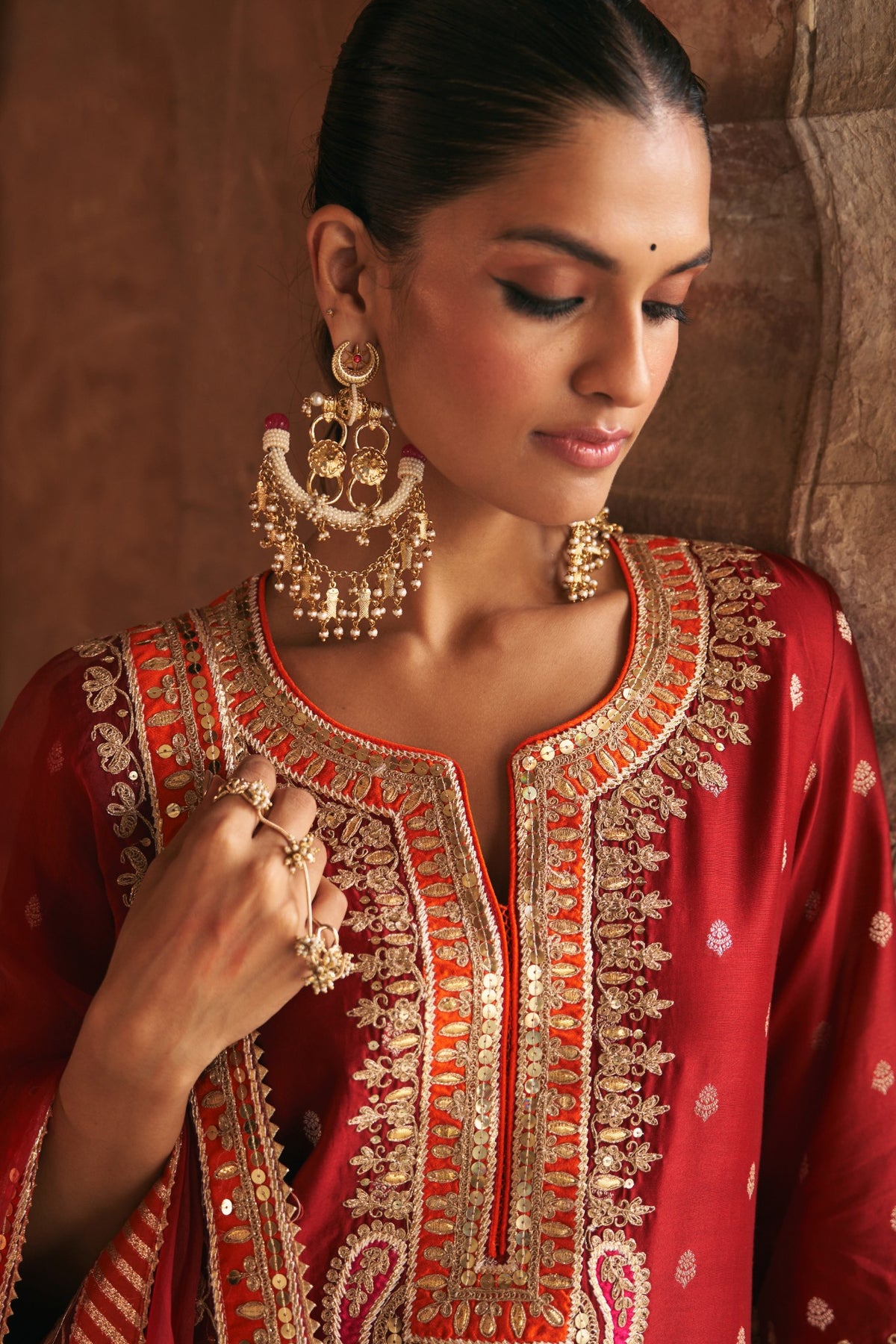 Deep Red Embroidered Kurta Set with Silk Organza Dupatta