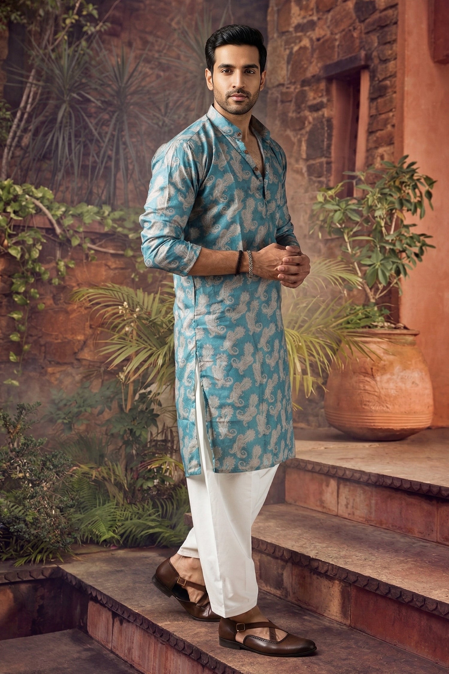 Men's Blended Cotton Cream Designer Printed Kurta with payjama
