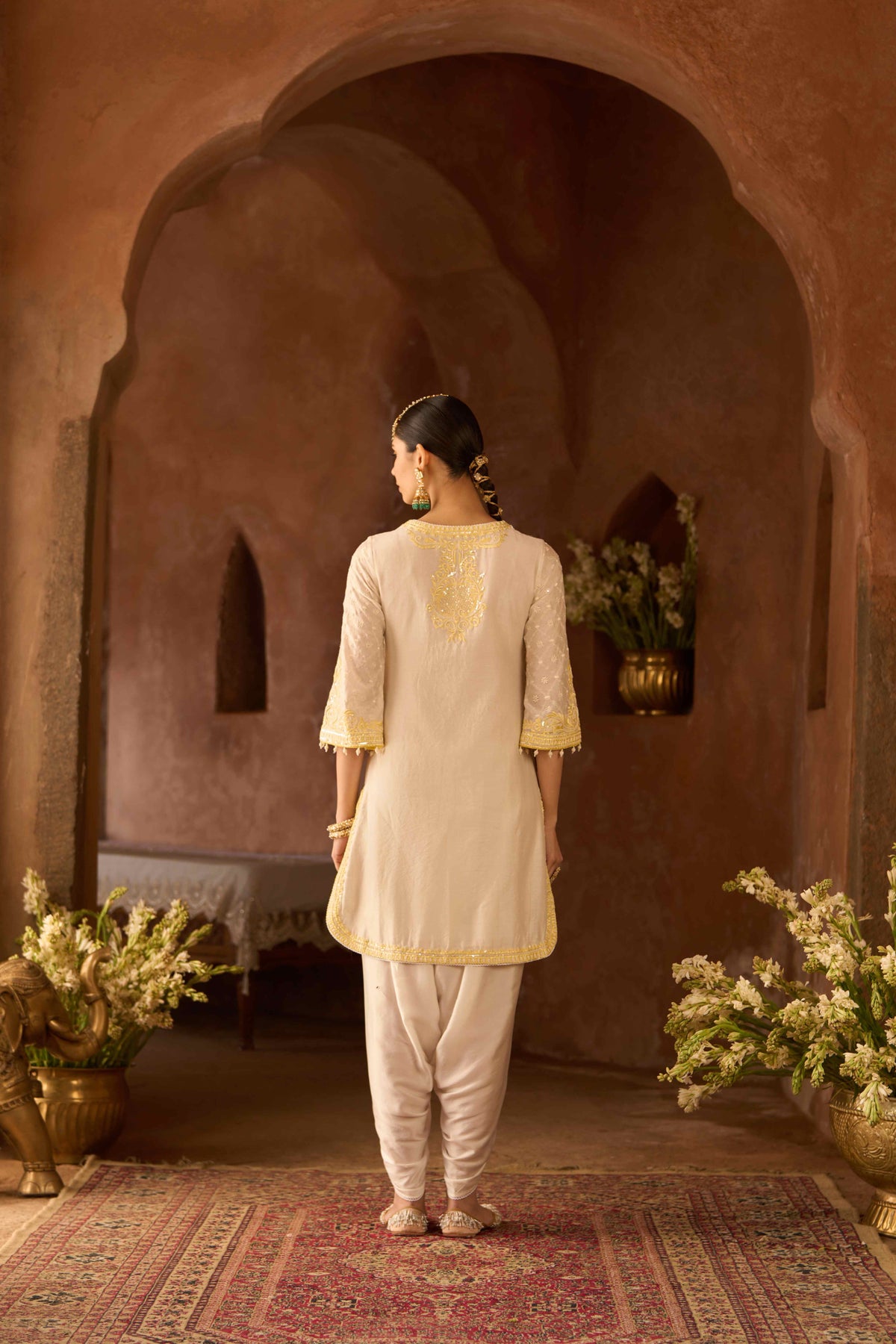 Ivory and Lemon Yellow Silk Chanderi Short Kurta Dhoti Set