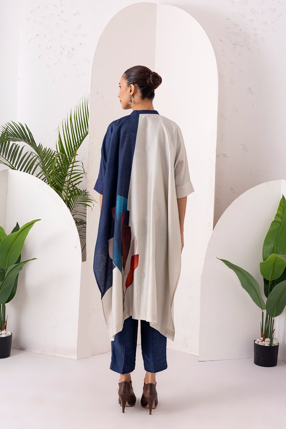Blue & Ivory Silk Chanderi Printed Kaftan Style Dress Set (3 PCS)