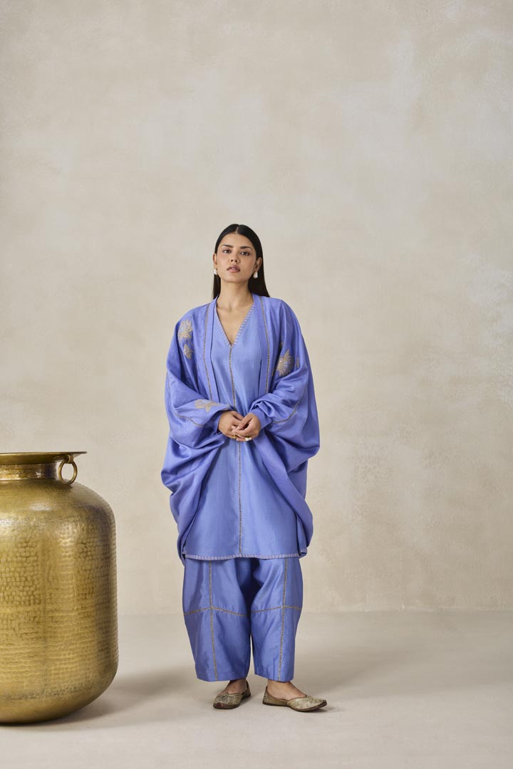 Ink Blue Chanderi Jacket Style Kurta Salwar Set for Women