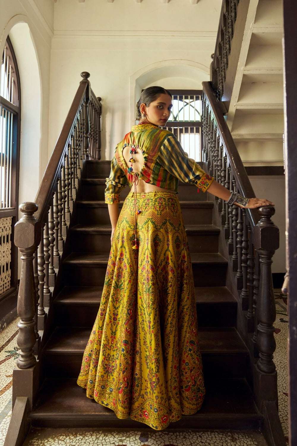 Yellow printed silk Indo Western