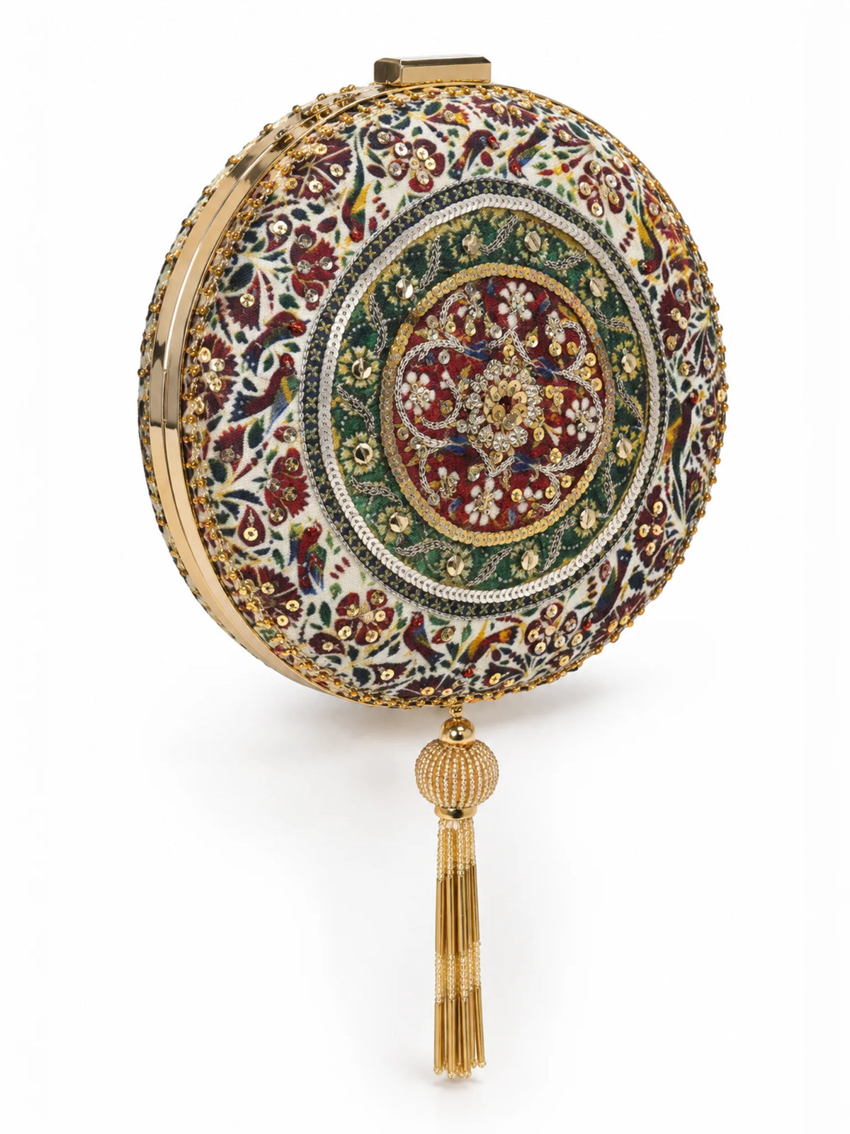 Ivory Bird Motif Printed Embroidered Round Clutch Bag with Gold Tassel