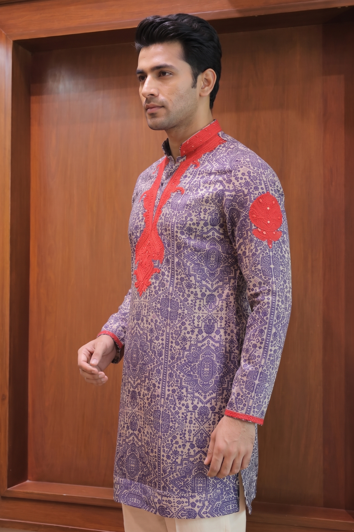 Naqshdar Red Threadwork Linen Satin Kurta