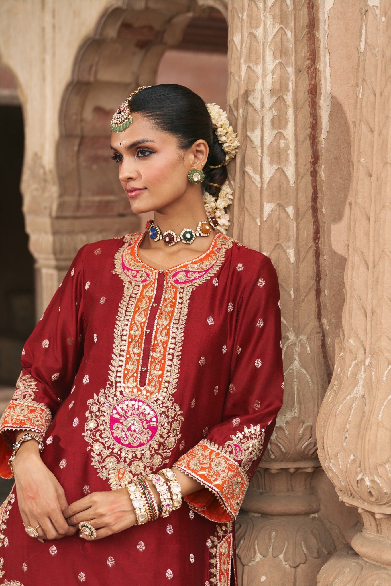 ANILA - DEEP RED SHORT KURTA WITH SALWAR