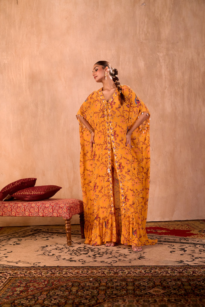 YELLOW PRINT EMBROIDERED LONG KAFTAN WITH PANTS SET - image 3