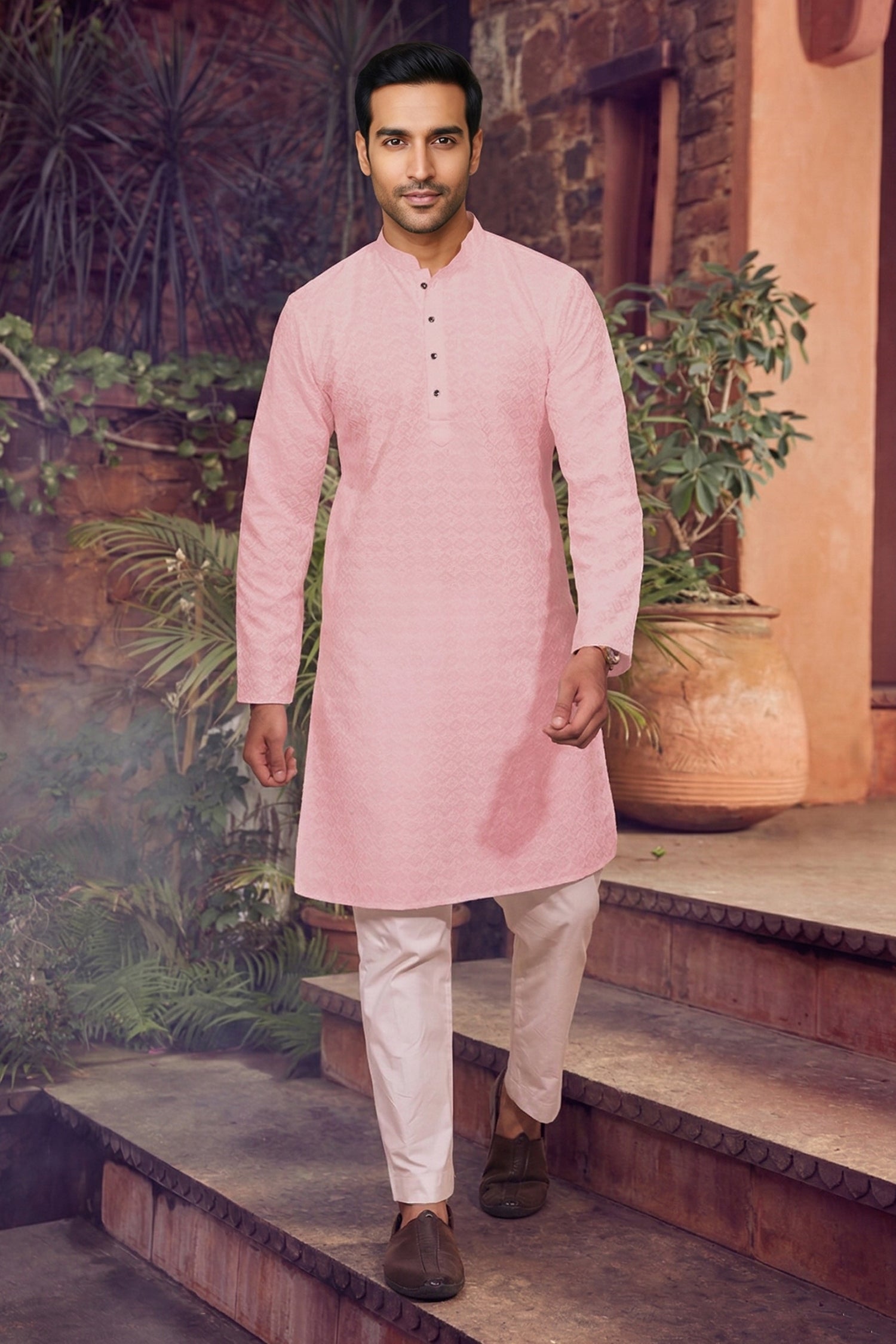 Men's Cotton Cream Designer Embroidery Work Kurta with payjama