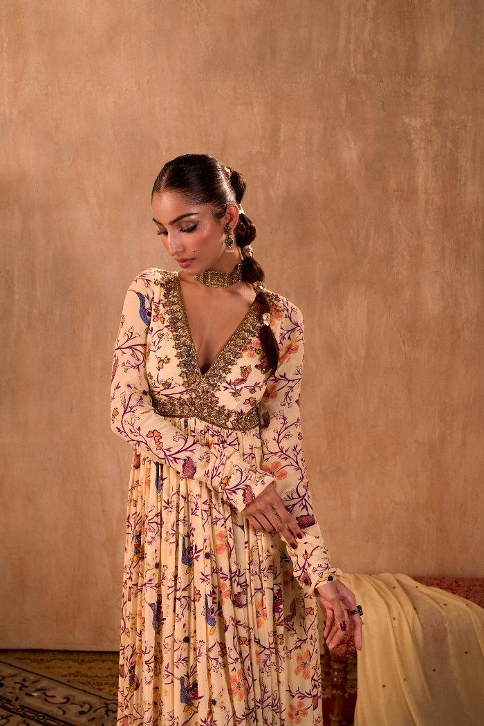 IVORY PRINT EMBROIDERED ANARKALI AND DUPATTA SET - image 3