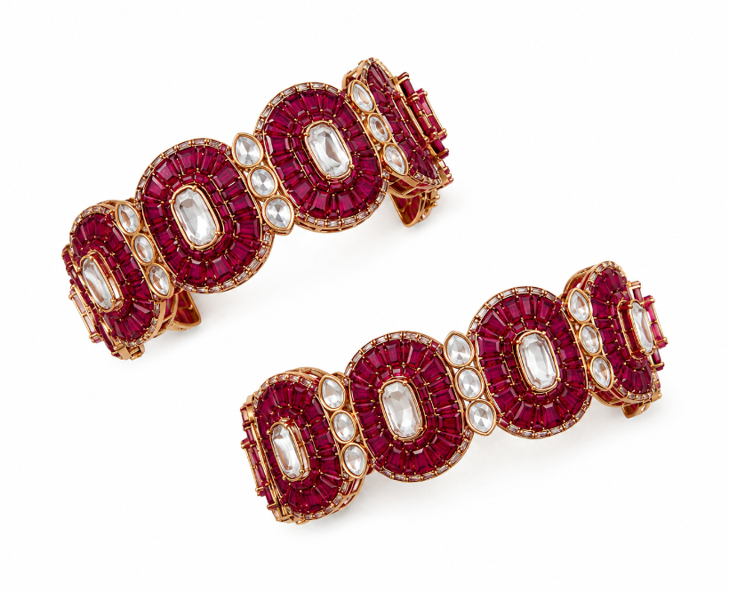 Pink Moissanite Polki Statement Kada Bangle Pair