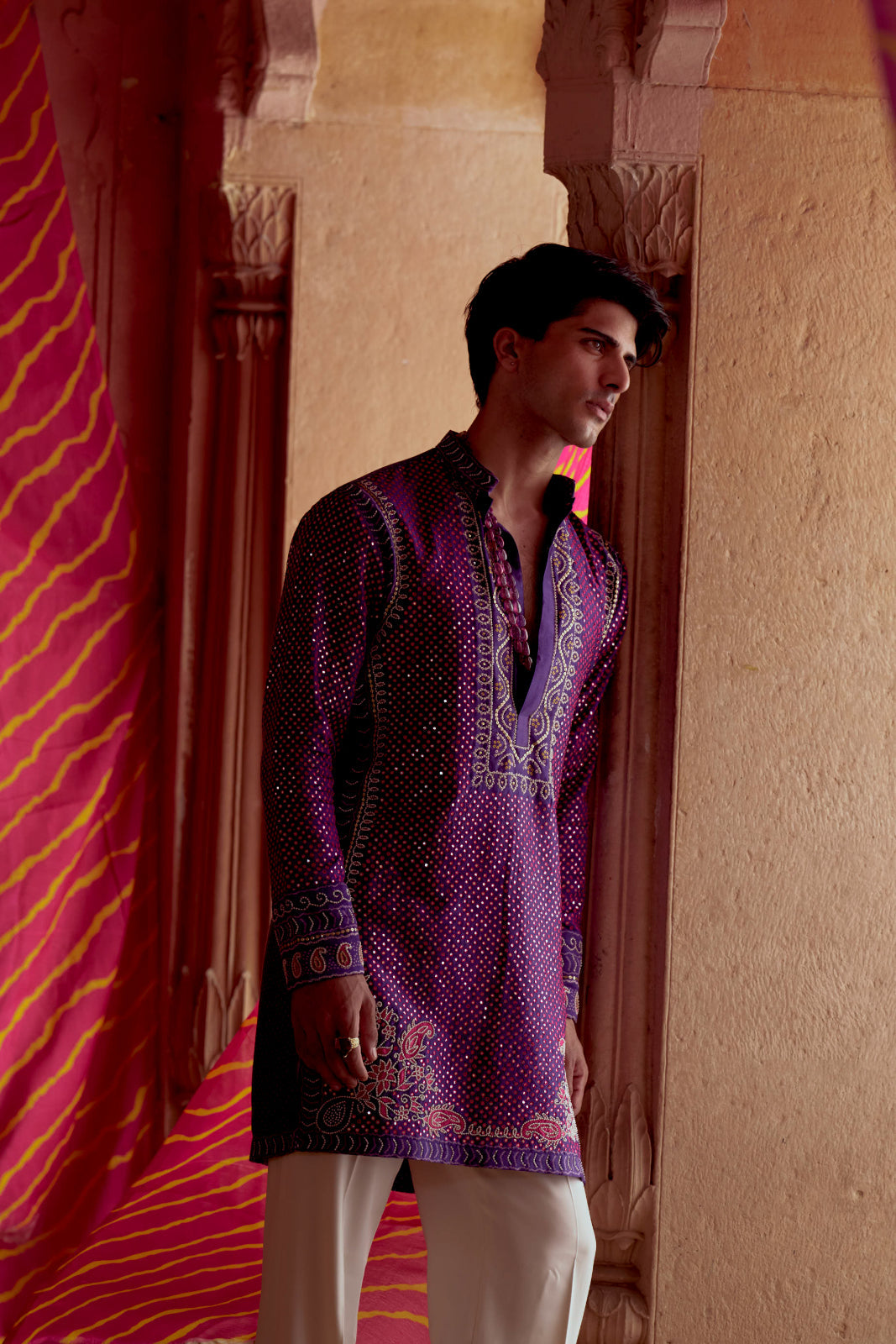 Purple printed bandhej kurta set