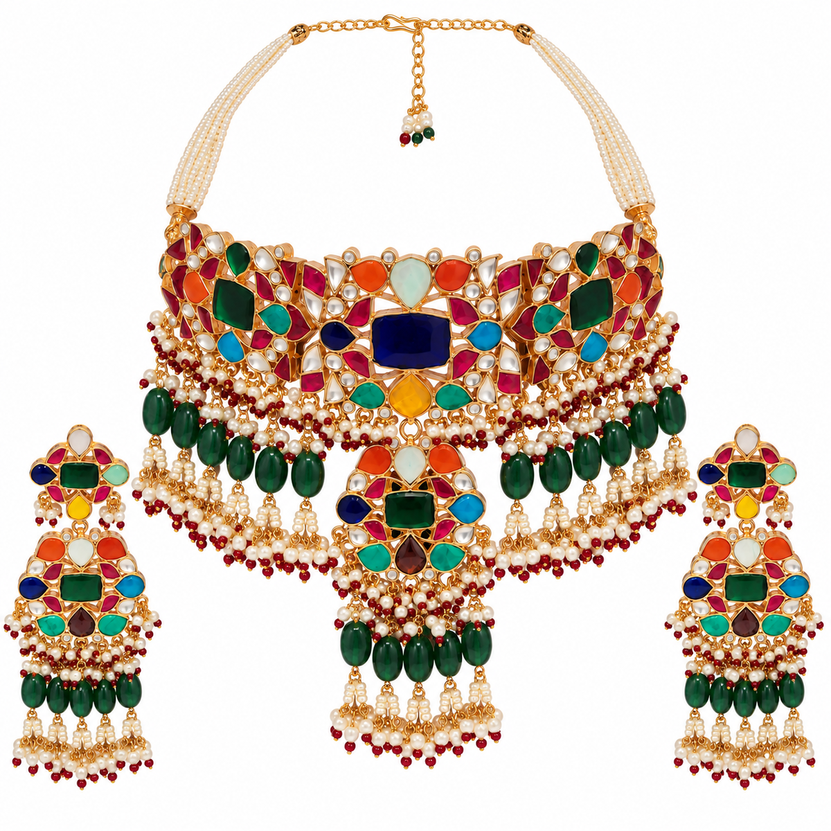 Multicolor Stone Pearl Choker Necklace Set