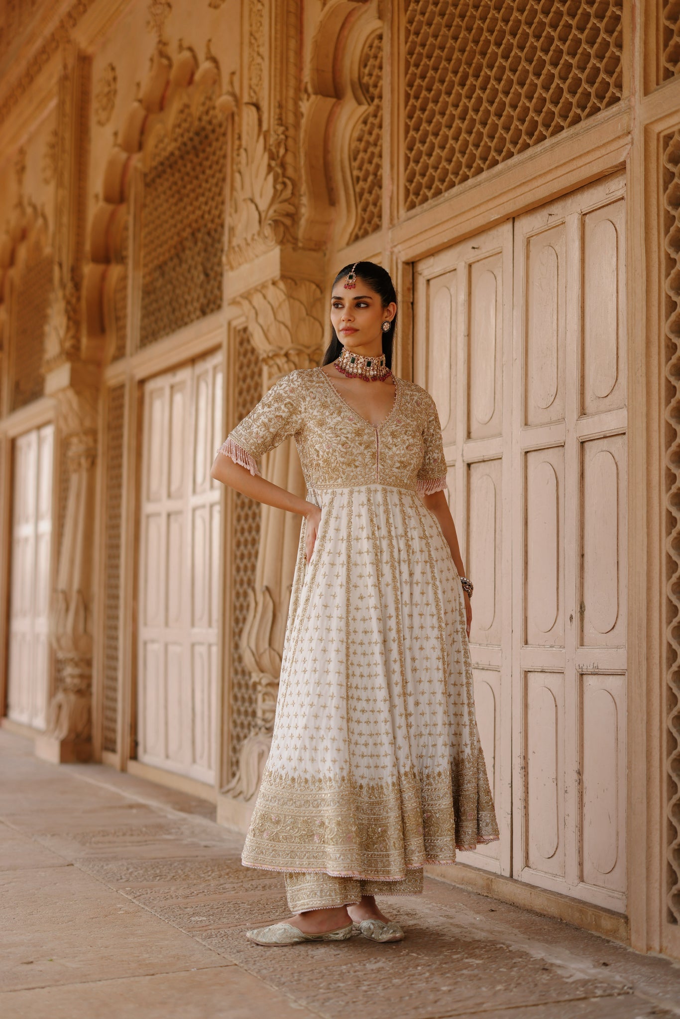 Nafees - Daisy Ivory Kalidaar Anarkali Set with Palazzo & Dupatta