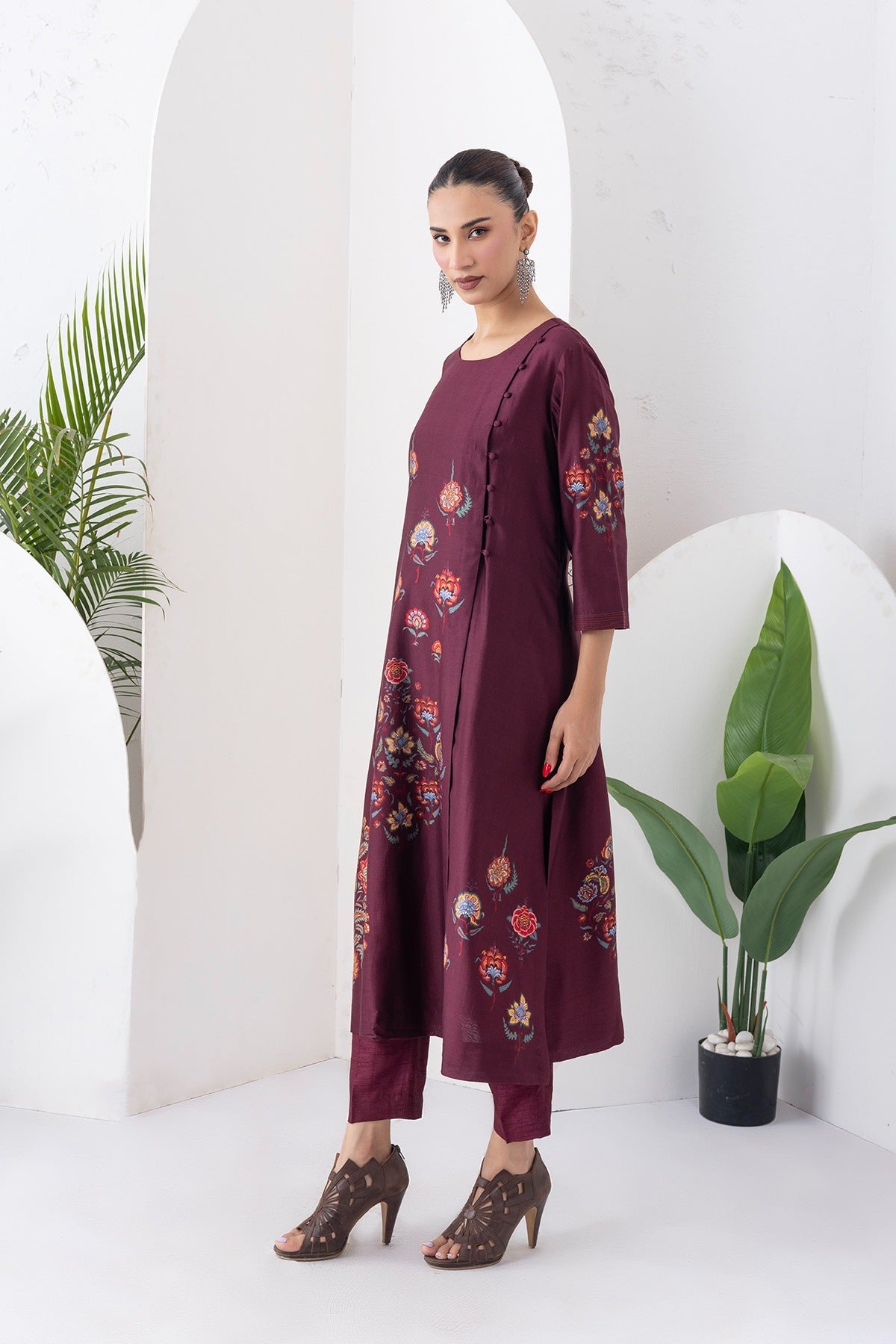Chocolate Brown Silk Chanderi Printed Side Panel Dress Set (2 PCS)